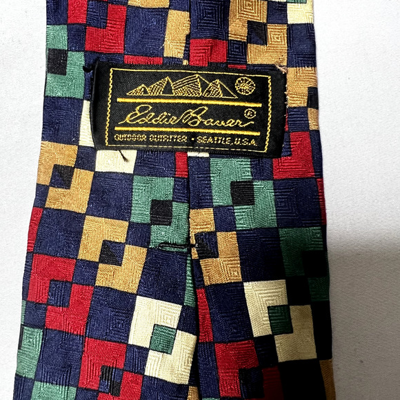 Eddie Bauer Mens‎ Tie Necktie 100% Silk USA Checked Red Blue White Bright Colors - Picture 2 of 5